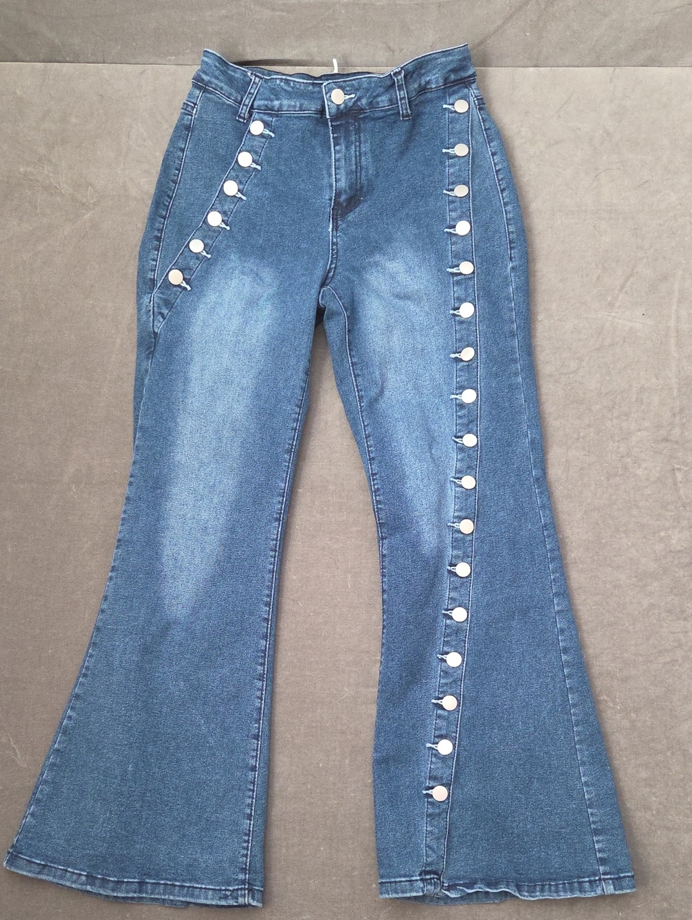 Large High-Waist 28/29 Blue Functional Button-Trim Stretch Flared Jeans